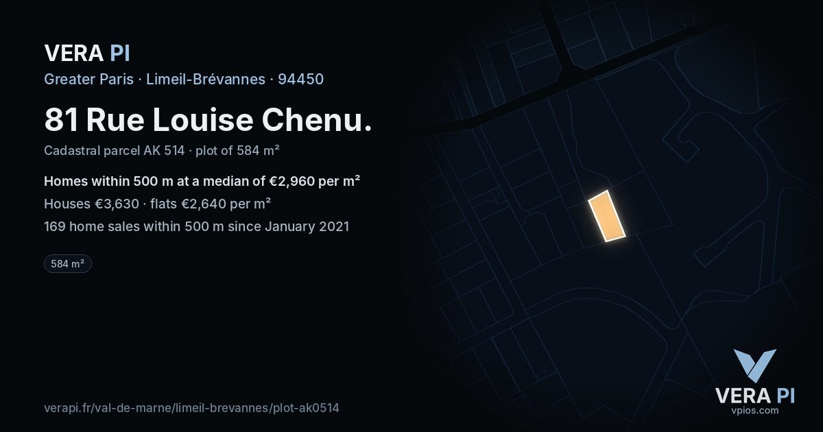 81 Rue Louise Chenu, Limeil-Brévannes at night – the plot lit, the parcels around coloured by the prices near them