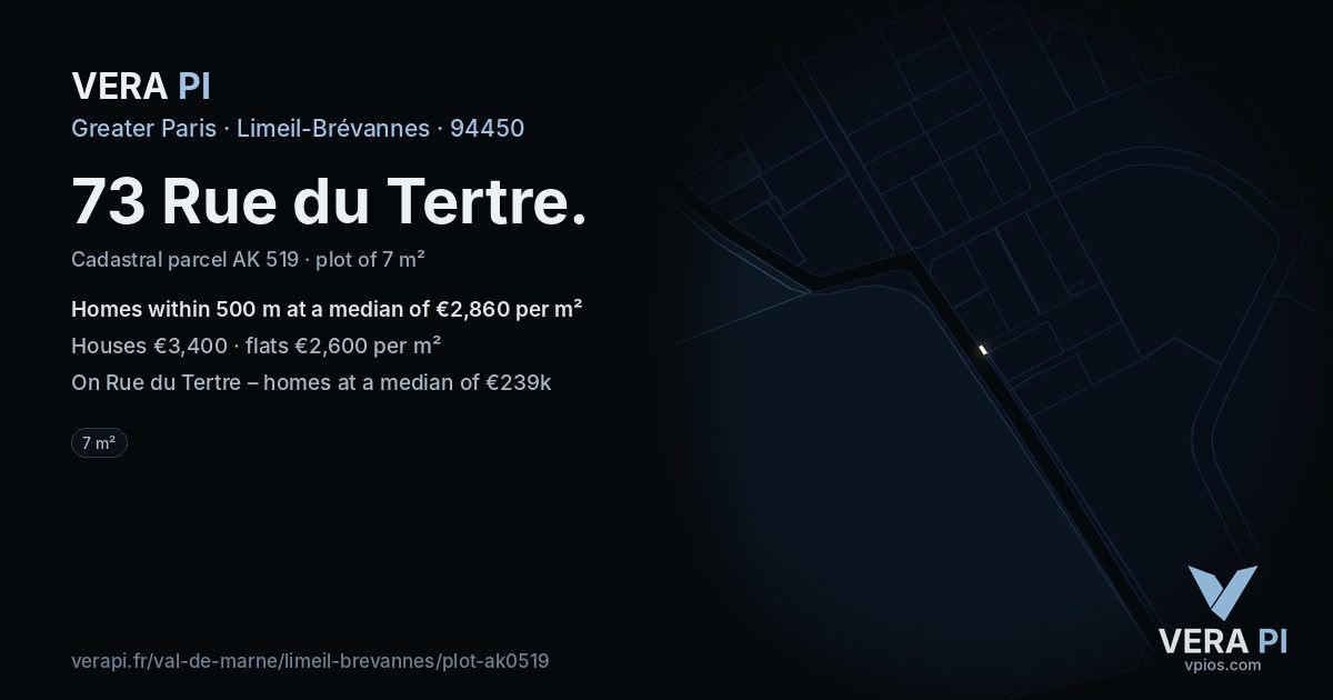 73 Rue du Tertre, Limeil-Brévannes at night – the plot lit, the parcels around coloured by the prices near them