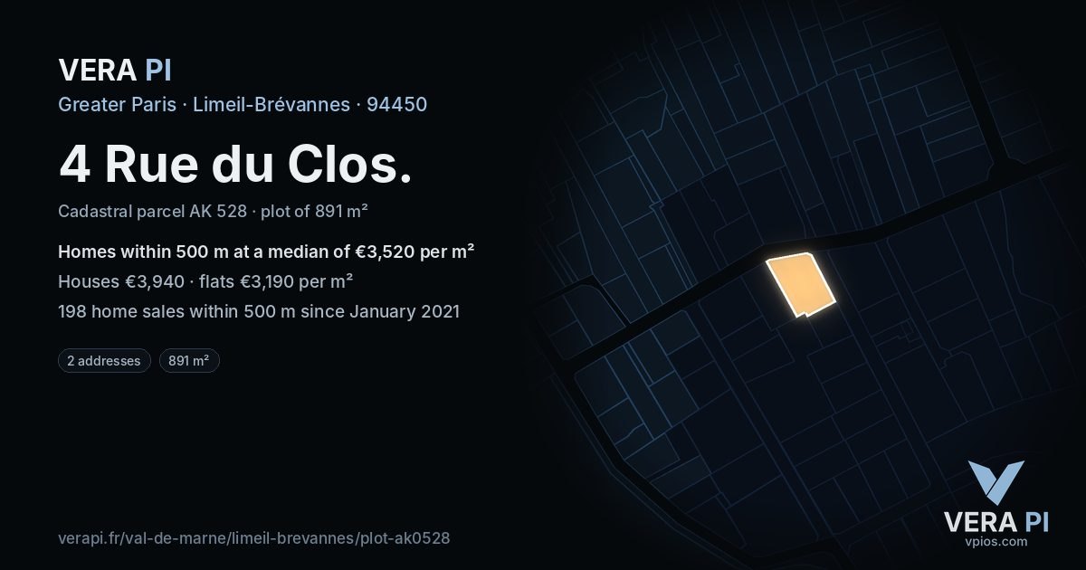 4 Rue du Clos, Limeil-Brévannes at night – the plot lit, the parcels around coloured by the prices near them