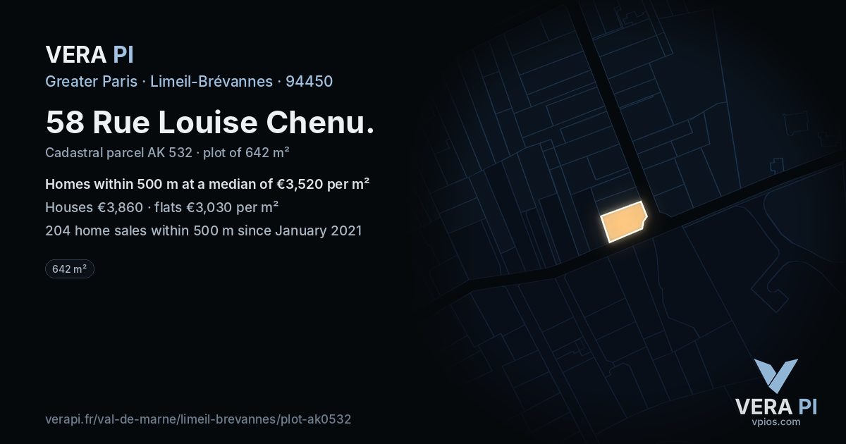 58 Rue Louise Chenu, Limeil-Brévannes at night – the plot lit, the parcels around coloured by the prices near them