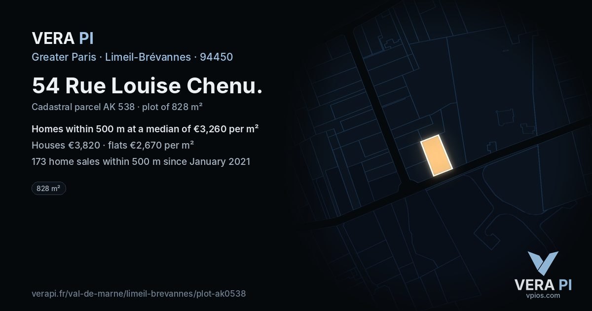 54 Rue Louise Chenu, Limeil-Brévannes at night – the plot lit, the parcels around coloured by the prices near them