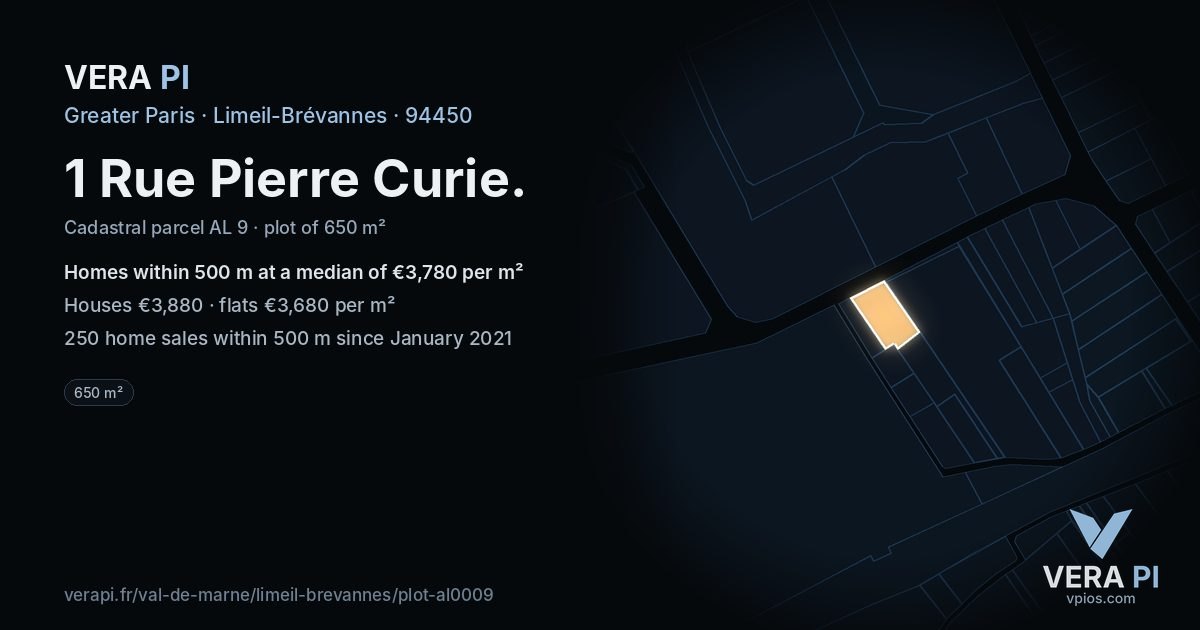 1 Rue Pierre Curie, Limeil-Brévannes at night – the plot lit, the parcels around coloured by the prices near them