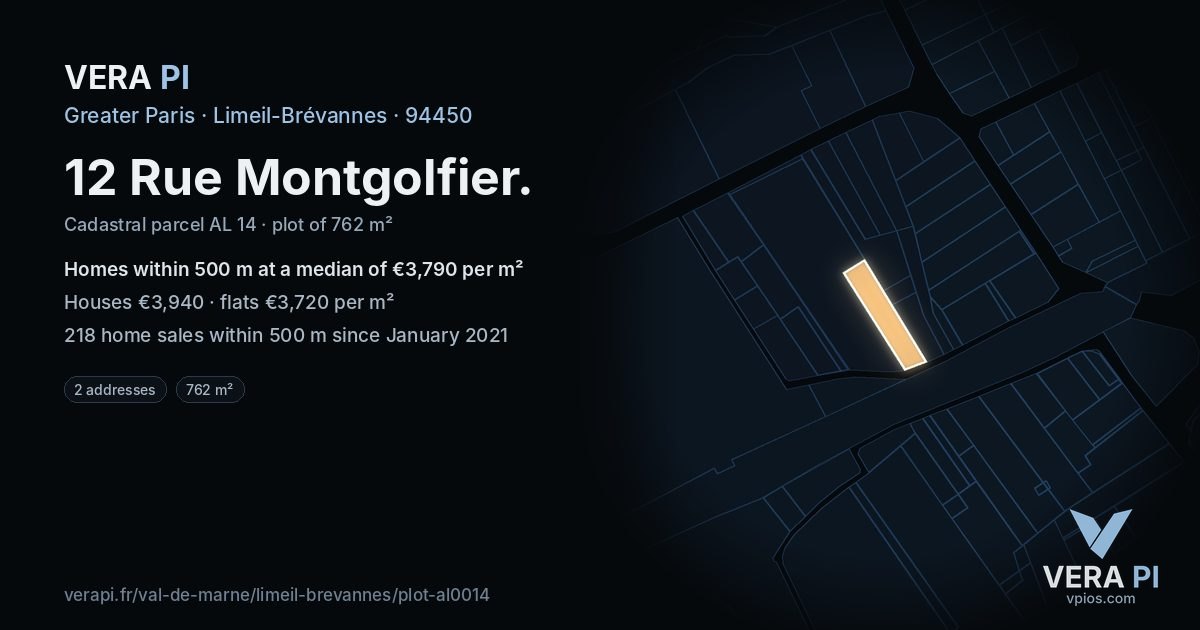 12 Rue Montgolfier, Limeil-Brévannes at night – the plot lit, the parcels around coloured by the prices near them