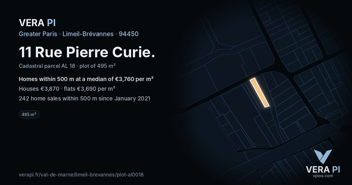 11 Rue Pierre Curie, Limeil-Brévannes at night – the plot lit, the parcels around coloured by the prices near them