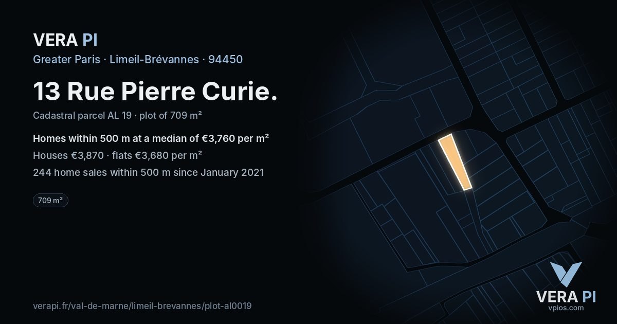 13 Rue Pierre Curie, Limeil-Brévannes at night – the plot lit, the parcels around coloured by the prices near them
