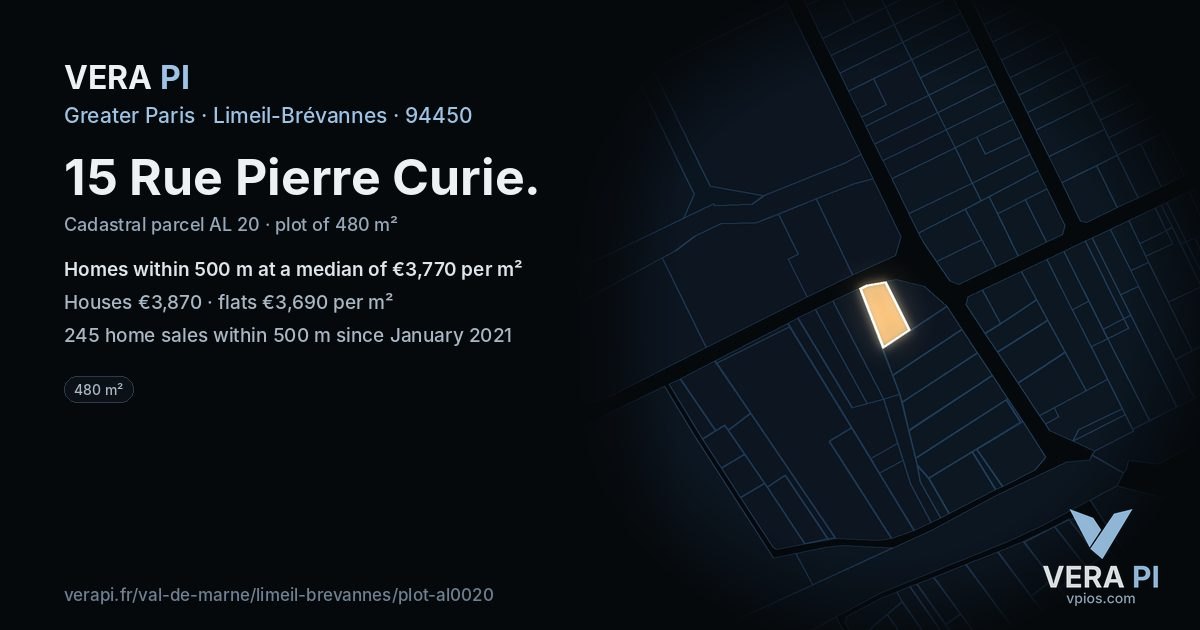 15 Rue Pierre Curie, Limeil-Brévannes at night – the plot lit, the parcels around coloured by the prices near them