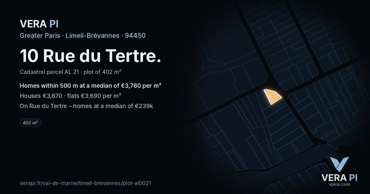 10 Rue du Tertre, Limeil-Brévannes at night – the plot lit, the parcels around coloured by the prices near them