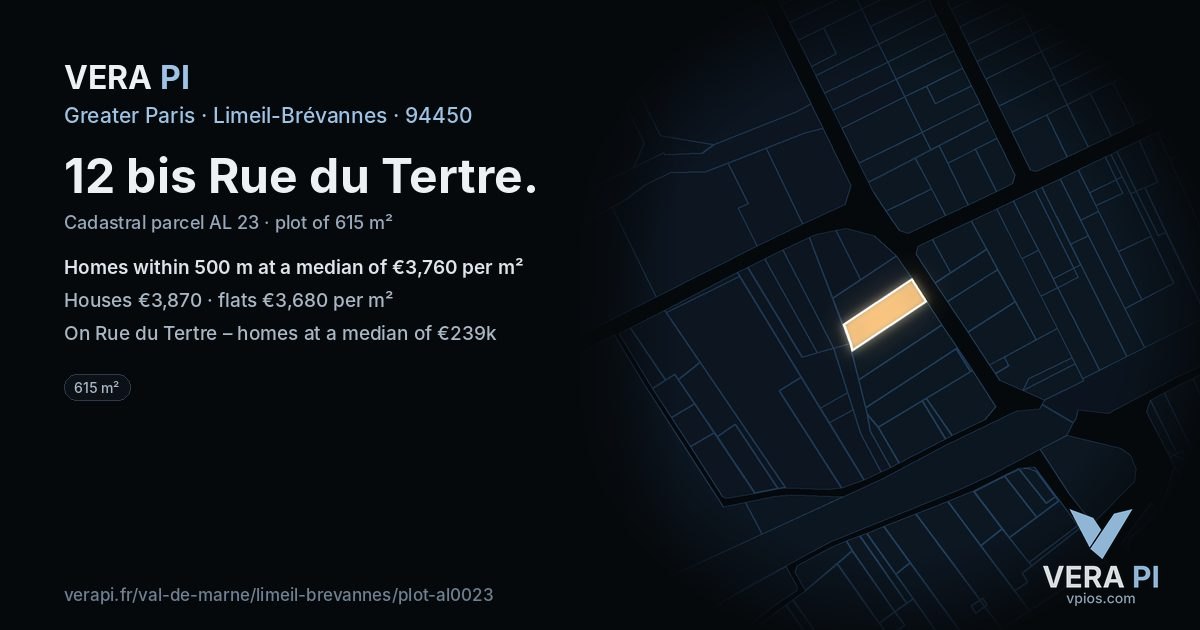 12 bis Rue du Tertre, Limeil-Brévannes at night – the plot lit, the parcels around coloured by the prices near them