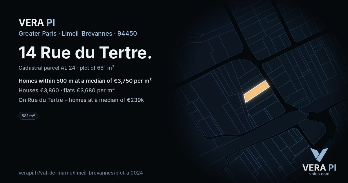 14 Rue du Tertre, Limeil-Brévannes at night – the plot lit, the parcels around coloured by the prices near them