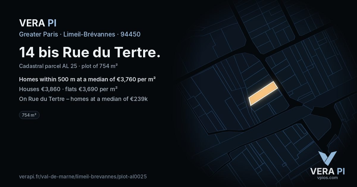14 bis Rue du Tertre, Limeil-Brévannes at night – the plot lit, the parcels around coloured by the prices near them