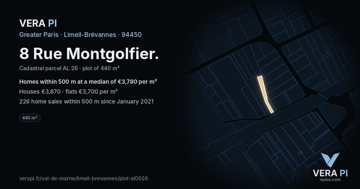 8 Rue Montgolfier, Limeil-Brévannes at night – the plot lit, the parcels around coloured by the prices near them