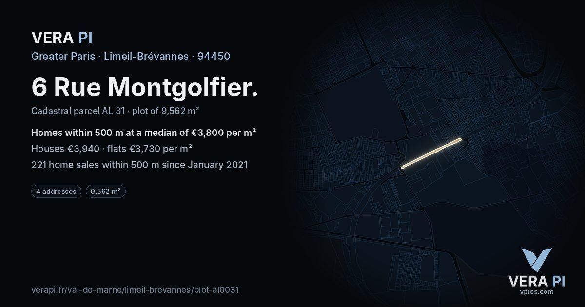 6 Rue Montgolfier, Limeil-Brévannes at night – the plot lit, the parcels around coloured by the prices near them