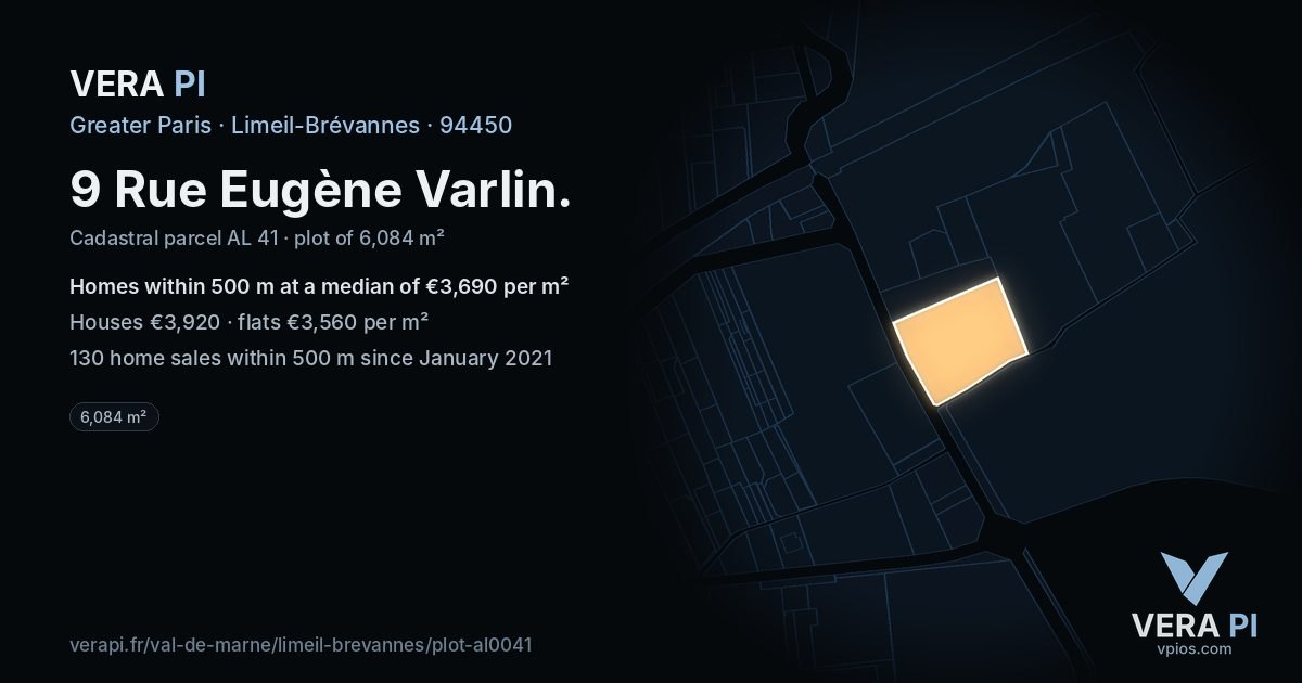 9 Rue Eugène Varlin, Limeil-Brévannes at night – the plot lit, the parcels around coloured by the prices near them