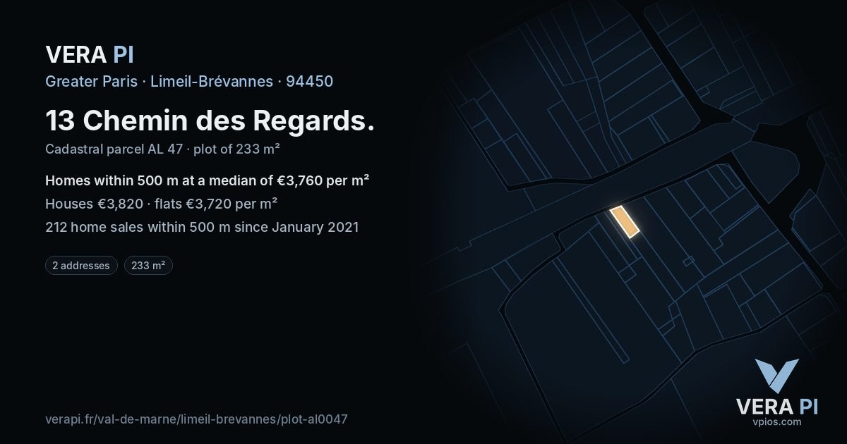 13 Chemin des Regards, Limeil-Brévannes at night – the plot lit, the parcels around coloured by the prices near them