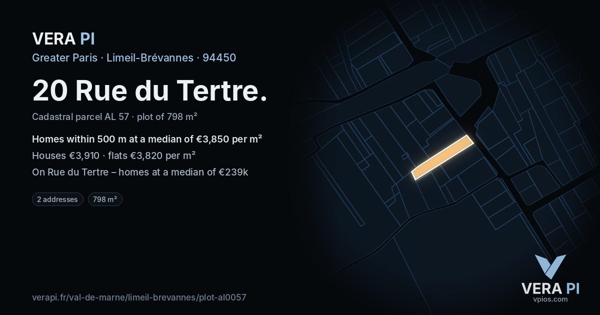 20 Rue du Tertre, Limeil-Brévannes at night – the plot lit, the parcels around coloured by the prices near them