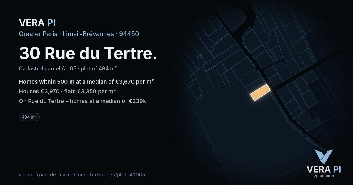 30 Rue du Tertre, Limeil-Brévannes at night – the plot lit, the parcels around coloured by the prices near them