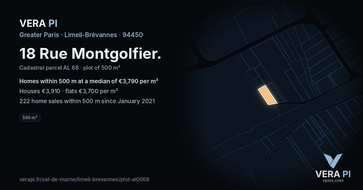 18 Rue Montgolfier, Limeil-Brévannes at night – the plot lit, the parcels around coloured by the prices near them