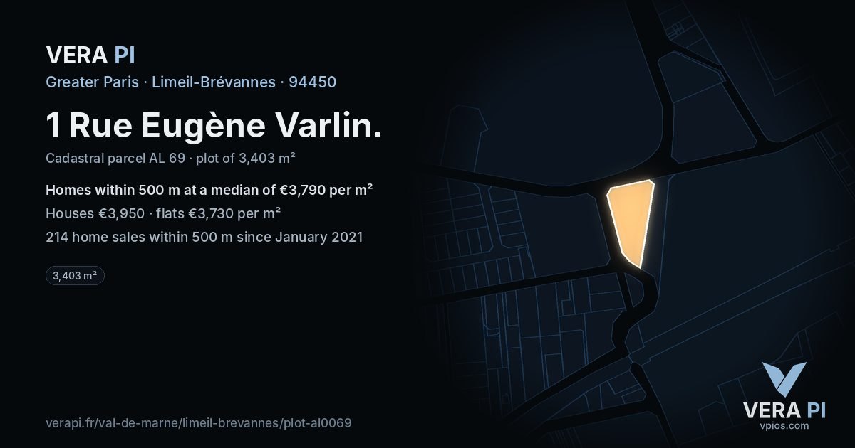 1 Rue Eugène Varlin, Limeil-Brévannes at night – the plot lit, the parcels around coloured by the prices near them