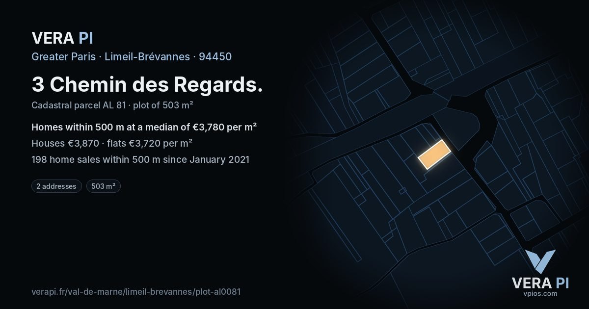 3 Chemin des Regards, Limeil-Brévannes at night – the plot lit, the parcels around coloured by the prices near them