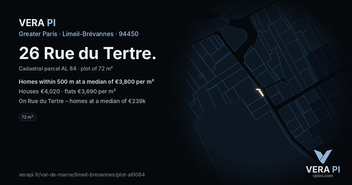 26 Rue du Tertre, Limeil-Brévannes at night – the plot lit, the parcels around coloured by the prices near them