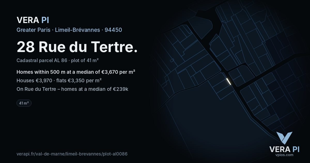 28 Rue du Tertre, Limeil-Brévannes at night – the plot lit, the parcels around coloured by the prices near them