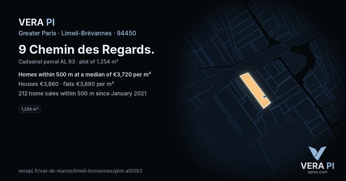 9 Chemin des Regards, Limeil-Brévannes at night – the plot lit, the parcels around coloured by the prices near them