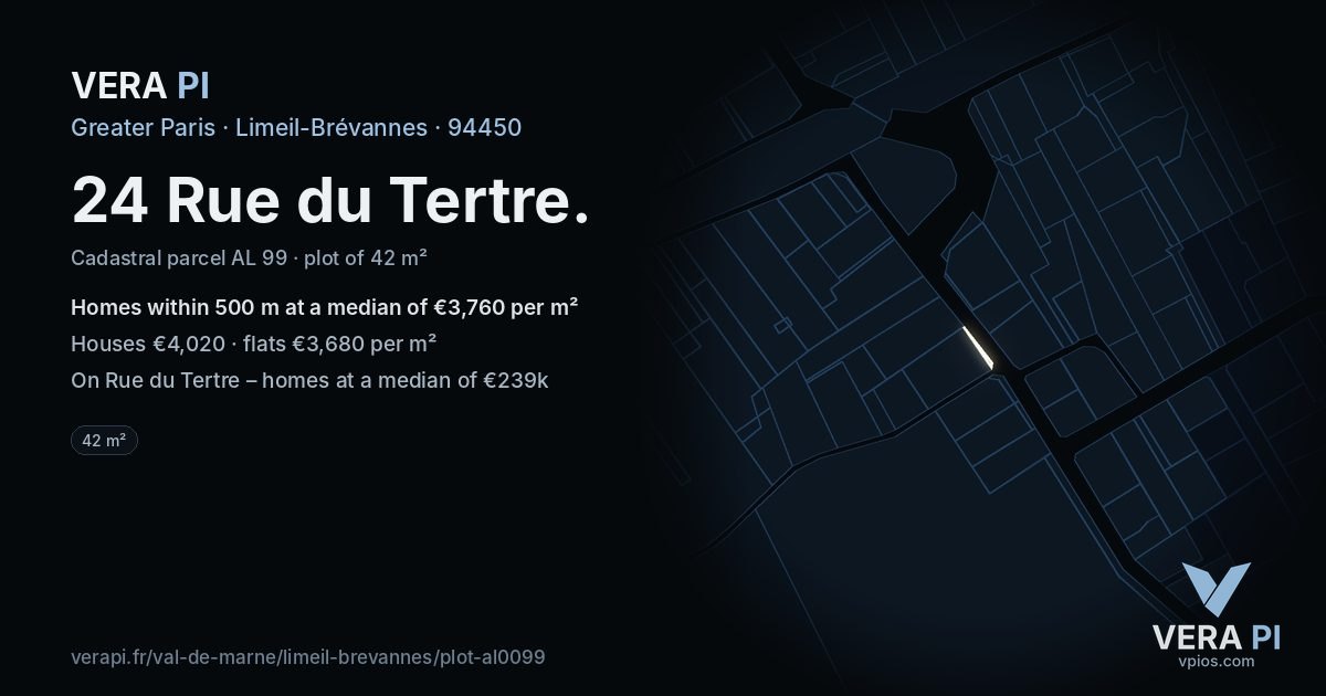 24 Rue du Tertre, Limeil-Brévannes at night – the plot lit, the parcels around coloured by the prices near them