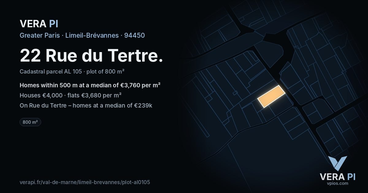 22 Rue du Tertre, Limeil-Brévannes at night – the plot lit, the parcels around coloured by the prices near them