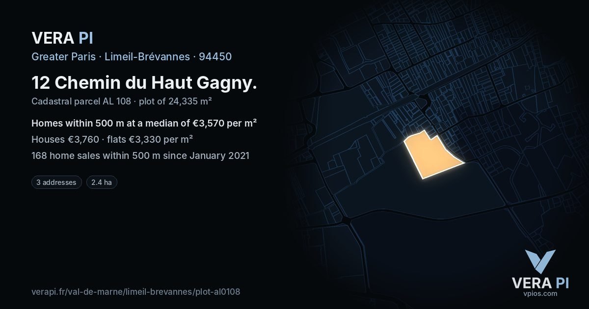 12 Chemin du Haut Gagny, Limeil-Brévannes at night – the plot lit, the parcels around coloured by the prices near them