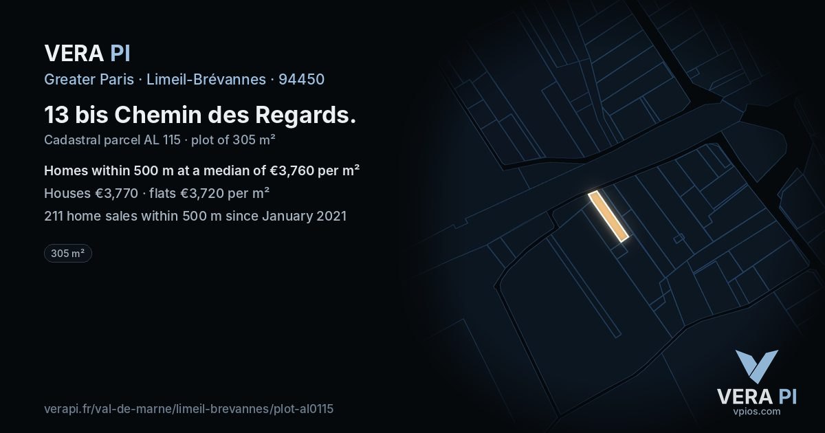 13 bis Chemin des Regards, Limeil-Brévannes at night – the plot lit, the parcels around coloured by the prices near them