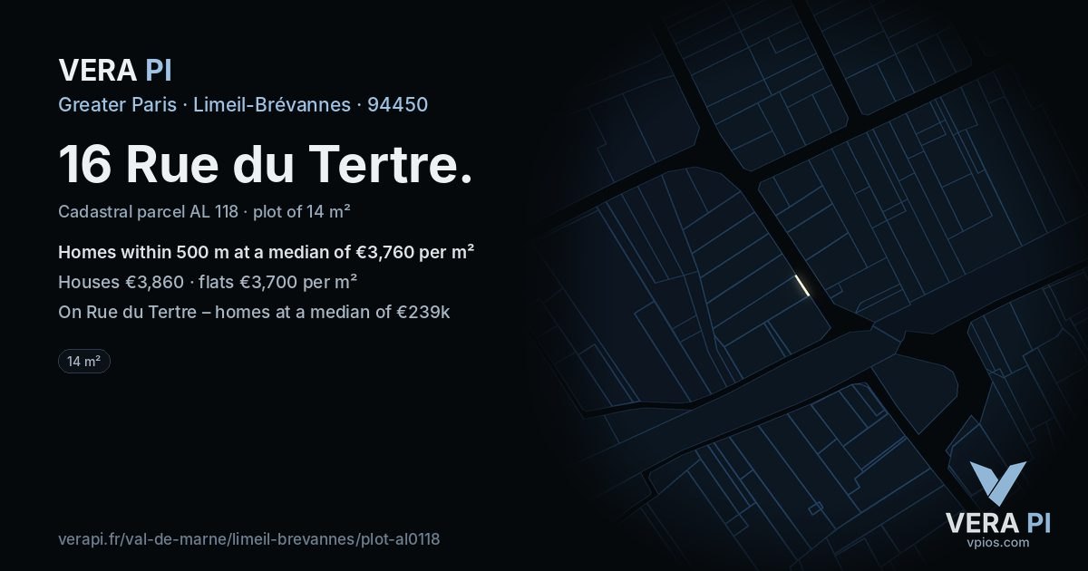 16 Rue du Tertre, Limeil-Brévannes at night – the plot lit, the parcels around coloured by the prices near them