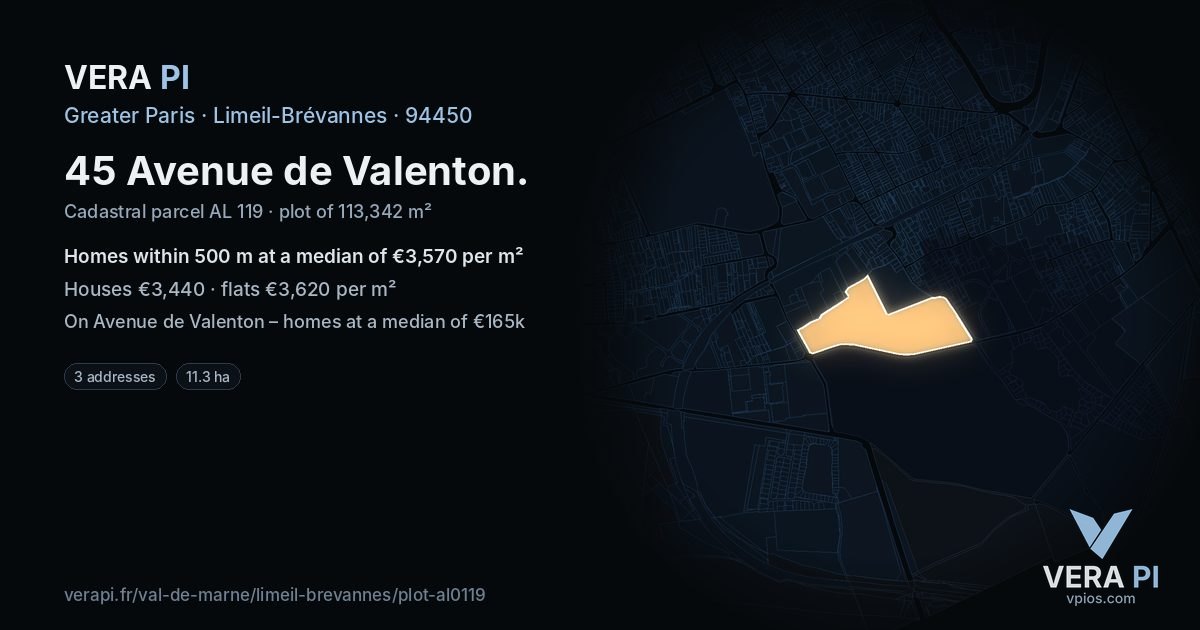 45 Avenue de Valenton, Limeil-Brévannes at night – the plot lit, the parcels around coloured by the prices near them