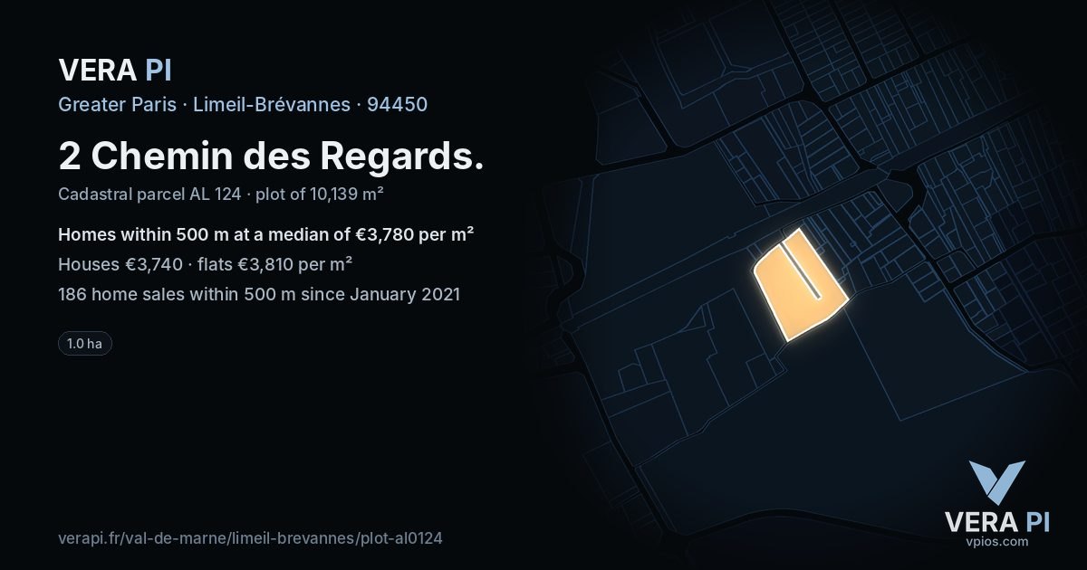 2 Chemin des Regards, Limeil-Brévannes at night – the plot lit, the parcels around coloured by the prices near them