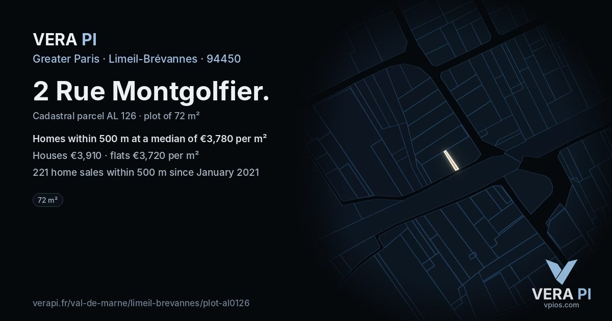2 Rue Montgolfier, Limeil-Brévannes at night – the plot lit, the parcels around coloured by the prices near them