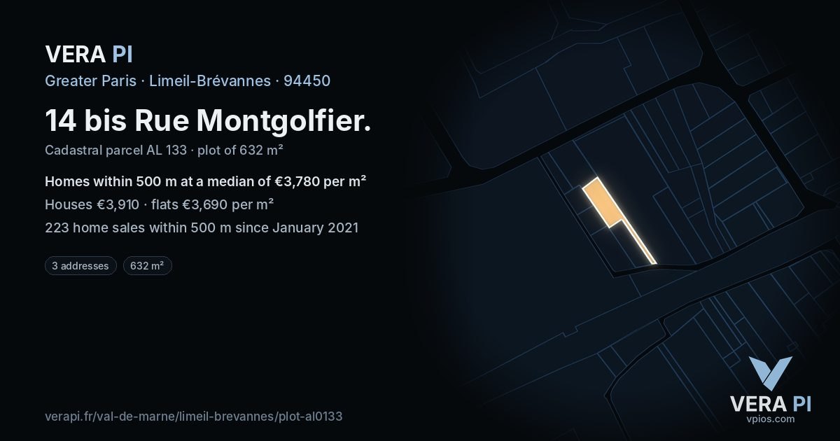 14 bis Rue Montgolfier, Limeil-Brévannes at night – the plot lit, the parcels around coloured by the prices near them