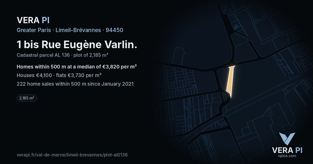 1 bis Rue Eugène Varlin, Limeil-Brévannes at night – the plot lit, the parcels around coloured by the prices near them