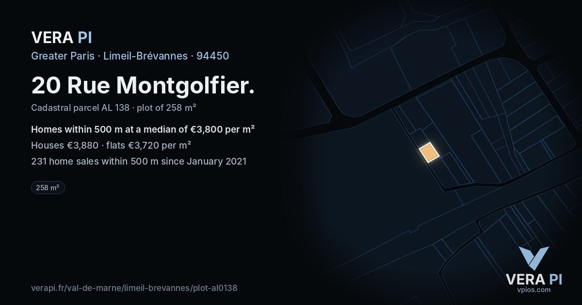 20 Rue Montgolfier, Limeil-Brévannes at night – the plot lit, the parcels around coloured by the prices near them