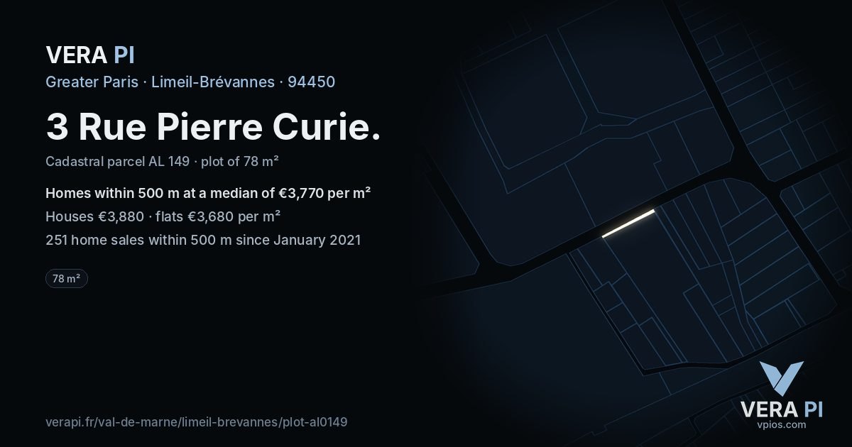 3 Rue Pierre Curie, Limeil-Brévannes at night – the plot lit, the parcels around coloured by the prices near them
