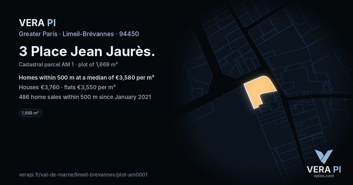 3 Place Jean Jaurès, Limeil-Brévannes at night – the plot lit, the parcels around coloured by the prices near them