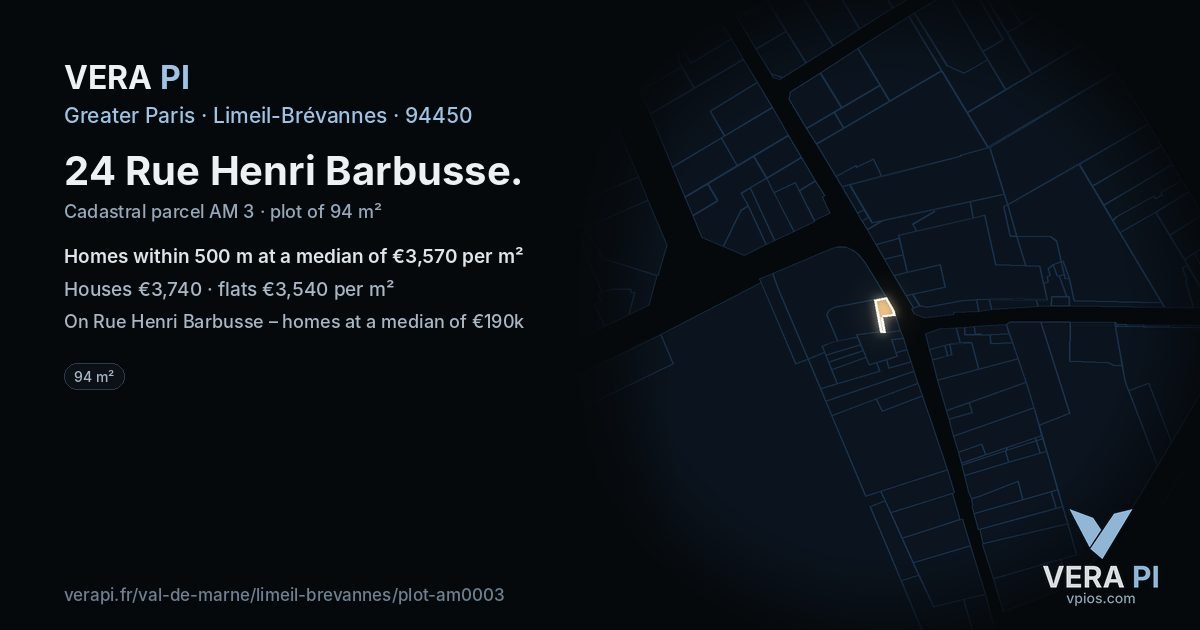 24 Rue Henri Barbusse, Limeil-Brévannes at night – the plot lit, the parcels around coloured by the prices near them