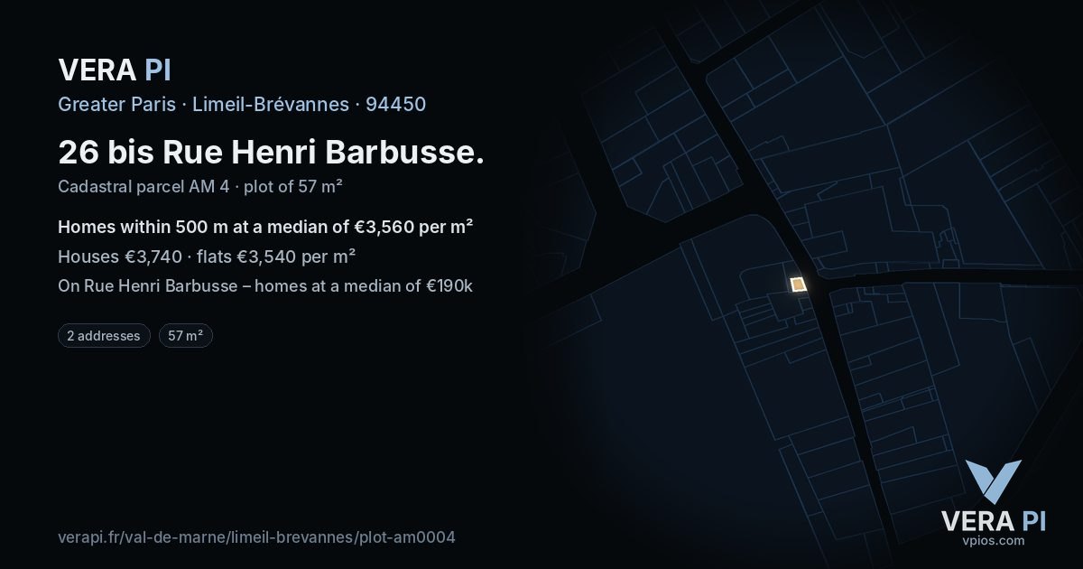 26 bis Rue Henri Barbusse, Limeil-Brévannes at night – the plot lit, the parcels around coloured by the prices near them