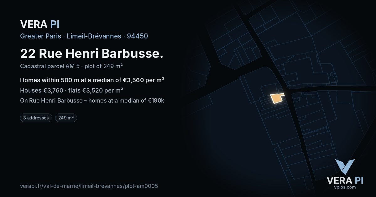 22 Rue Henri Barbusse, Limeil-Brévannes at night – the plot lit, the parcels around coloured by the prices near them