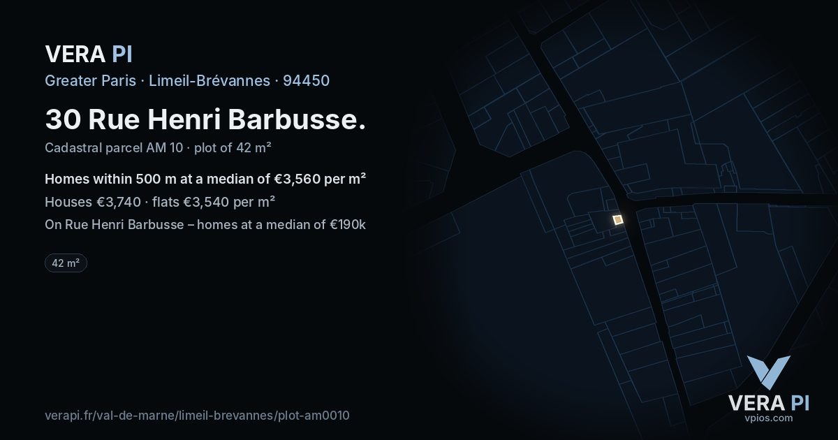 30 Rue Henri Barbusse, Limeil-Brévannes at night – the plot lit, the parcels around coloured by the prices near them