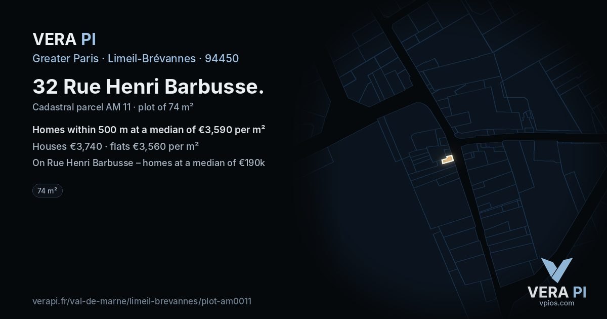 32 Rue Henri Barbusse, Limeil-Brévannes at night – the plot lit, the parcels around coloured by the prices near them