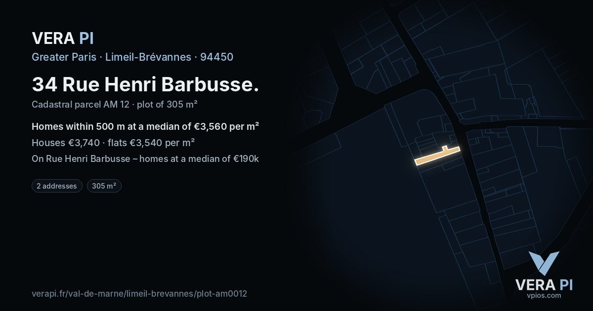 34 Rue Henri Barbusse, Limeil-Brévannes at night – the plot lit, the parcels around coloured by the prices near them
