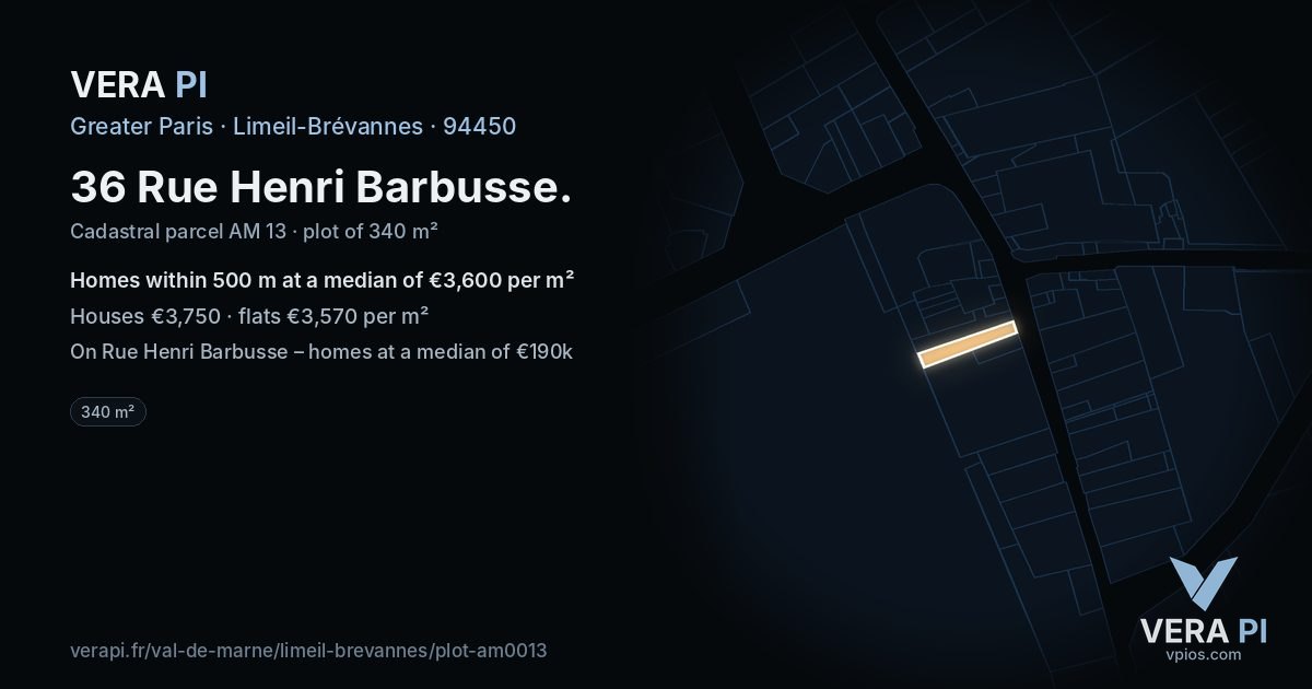 36 Rue Henri Barbusse, Limeil-Brévannes at night – the plot lit, the parcels around coloured by the prices near them