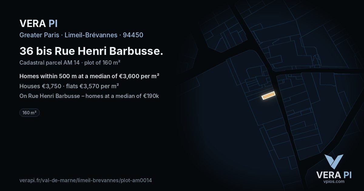 36 bis Rue Henri Barbusse, Limeil-Brévannes at night – the plot lit, the parcels around coloured by the prices near them