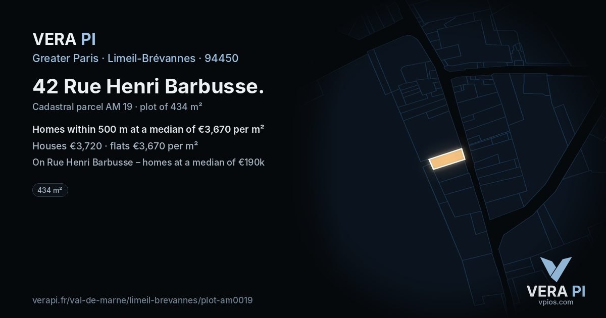 42 Rue Henri Barbusse, Limeil-Brévannes at night – the plot lit, the parcels around coloured by the prices near them