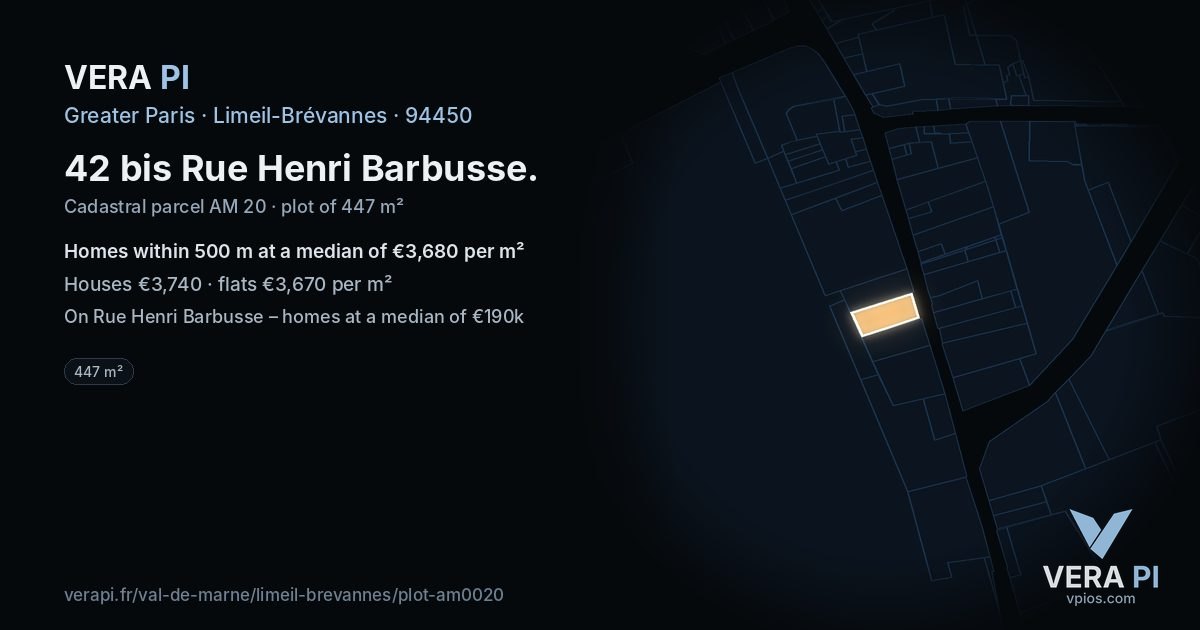 42 bis Rue Henri Barbusse, Limeil-Brévannes at night – the plot lit, the parcels around coloured by the prices near them