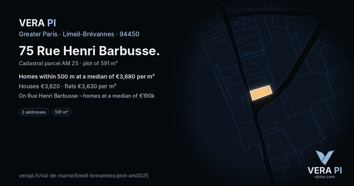 75 Rue Henri Barbusse, Limeil-Brévannes at night – the plot lit, the parcels around coloured by the prices near them